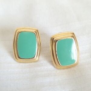 Gold Scalloped Green Enamel  Earrings